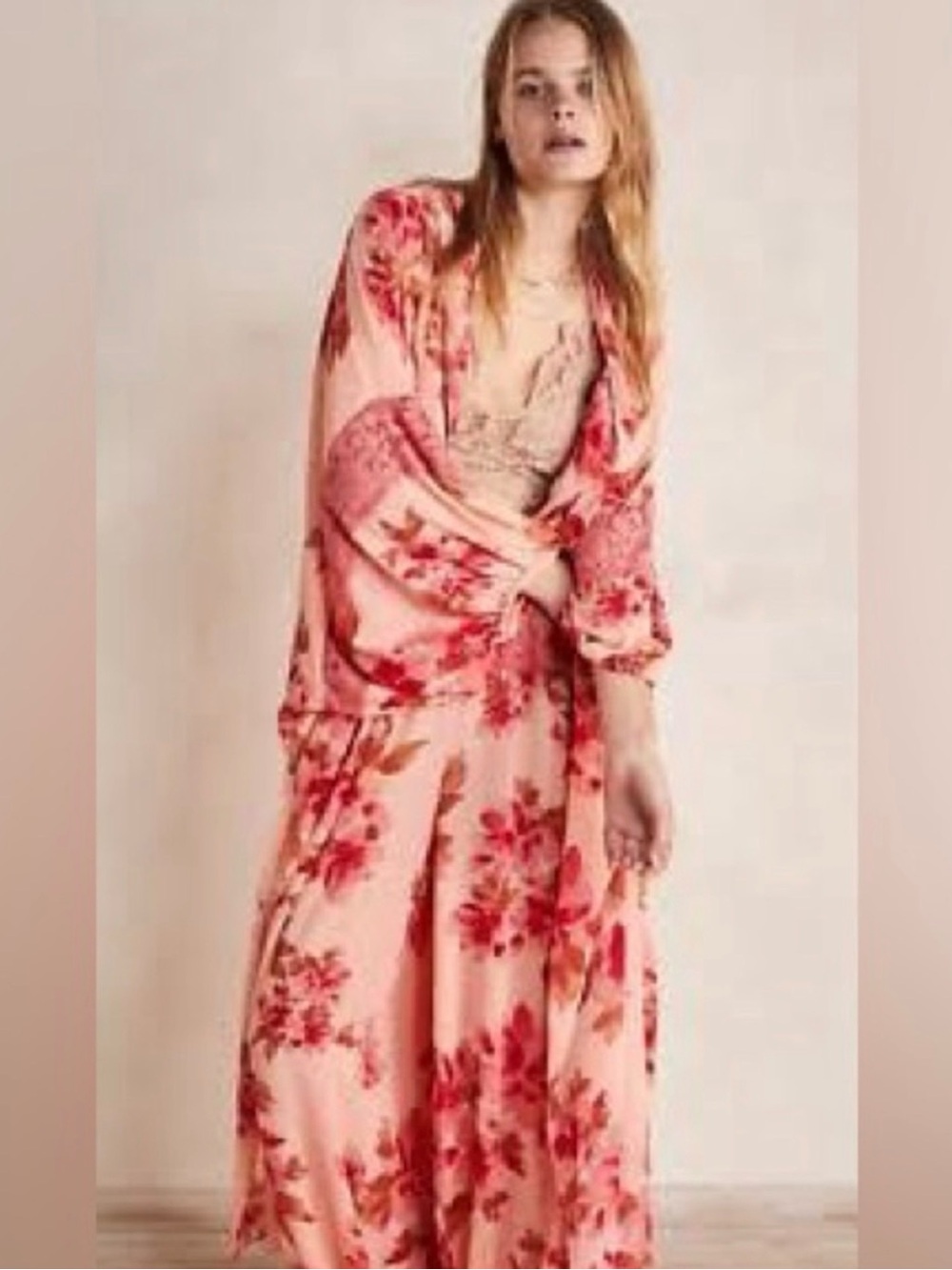 Free People Pink Floral Satin Robe & pant set